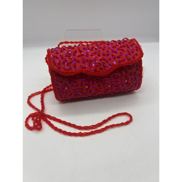 Evening Formal Wedding Red Purple Sequin Barrel Snap Purse Red Hat Ladies - Picture 1 of 9